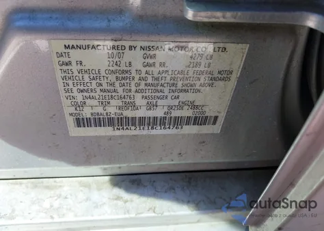 2008 Nissan Altima 2.5 S из США, поврежденный, VIN 1N4AL21E18C164763